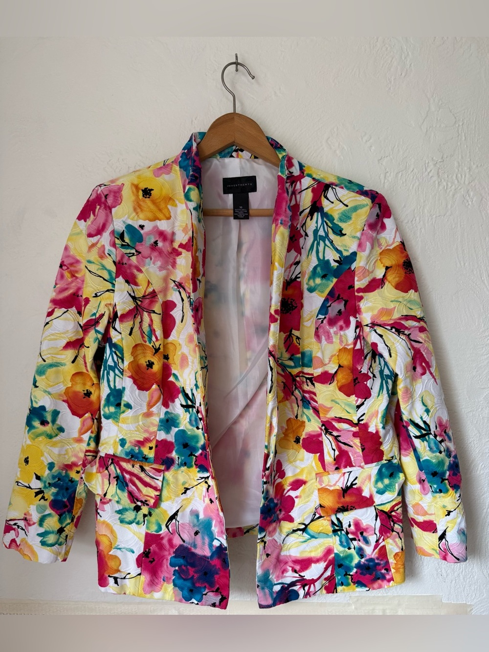 Investments Floral Blazer Jacket Size 16 Bright Watercolor Print Career Spring